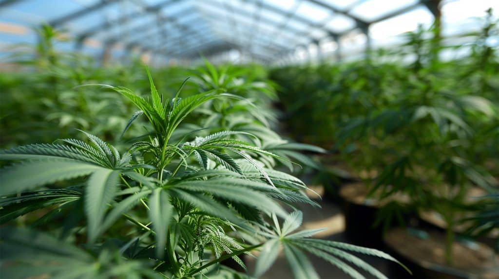 Hollyweed dyrket i lyst drivhusmiljø med grønne cannabisplanter i fokus og blød dybdeskarphed i baggrunden.