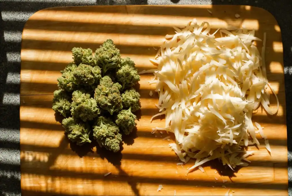 Cheese topskud og revet ost side om side på et træbræt i varmt sollys, som visuelt understreger strainnavnet Cheese.