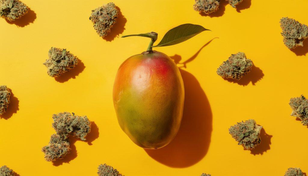 Mango Kush topskud arrangeret omkring en moden mango på gul baggrund, som fremhæver strainens søde og tropisk frugtige profil.