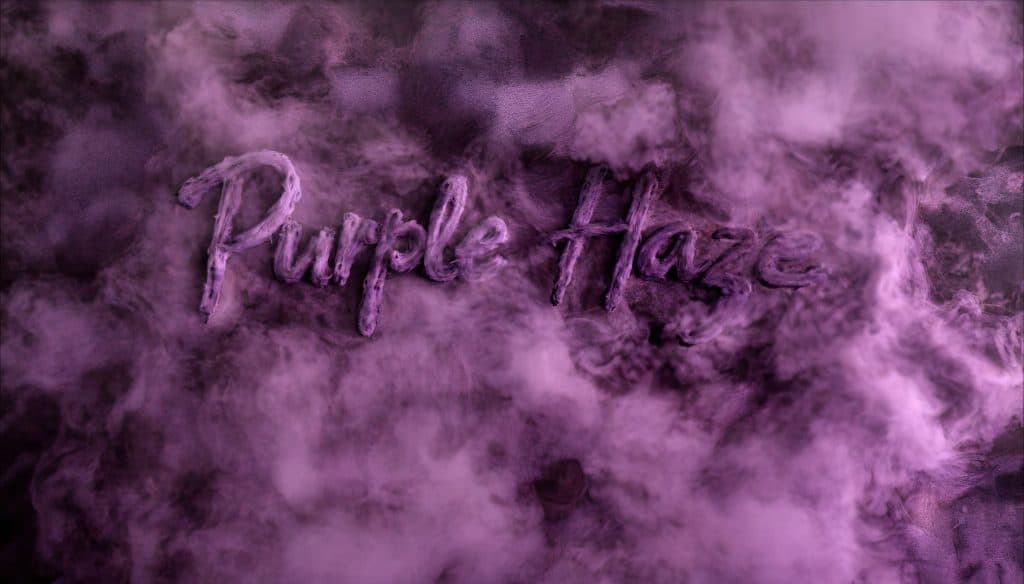Purple Haze med lilla røgsky og strainnavnet formet i røgen på mørk, drømmende baggrund.