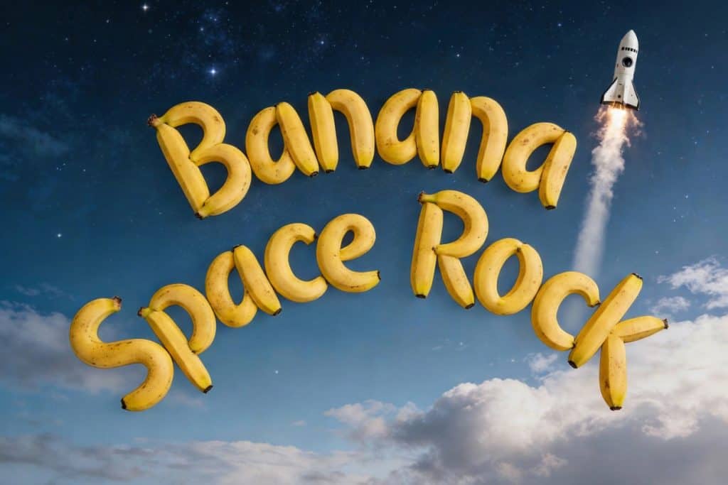 Banana Space Rock med bananer formet som strainnavn på stjernehimmel, mens en raket letter i baggrunden og understreger det rumlige tema.