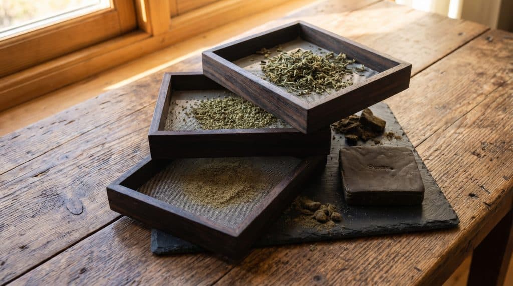 Static med sigtebakker fyldt med plante materiale og fint pollen ved siden af presset hash på rustikt træbord i varmt dagslys.