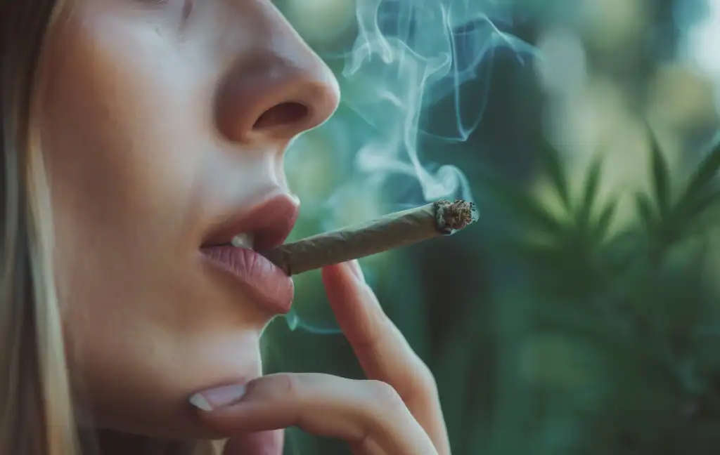 Slaskeren THCa hash pre-roll i brug, vist som close-up med røg og joint mod grøn, sløret baggrund.
