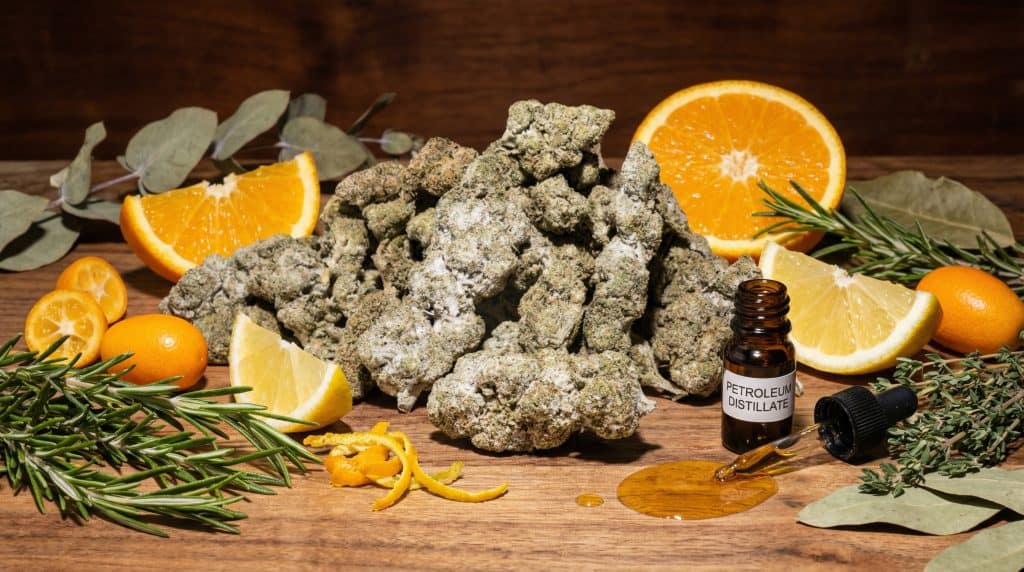 Skywalker topskud anrettet med appelsin, citron, rosmarin og urteelementer på træbord, som fremhæver strainens friske og krydrede terpeneprofil.
