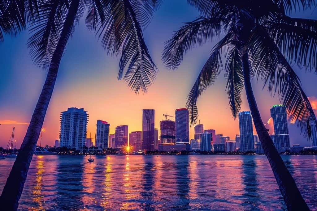 Miami Muffin produktbillede med Miami skyline ved solnedgang, palmer i forgrunden og farverige refleksioner over vandet.