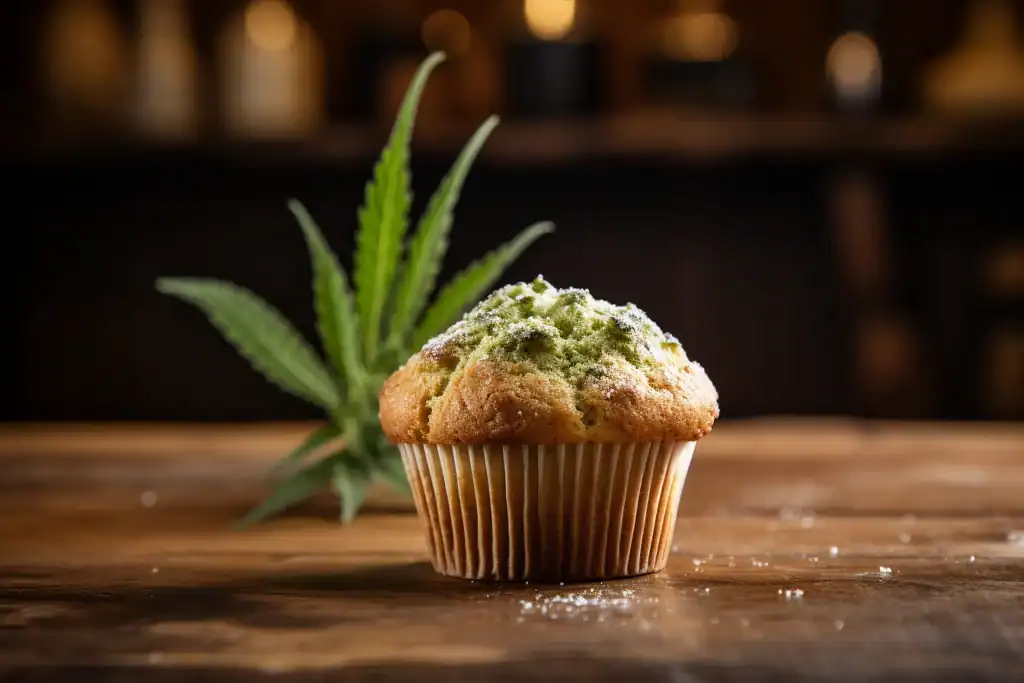 Cupcake på rustikt træbord med cannabisblad i baggrunden og varm, dæmpet belysning.
