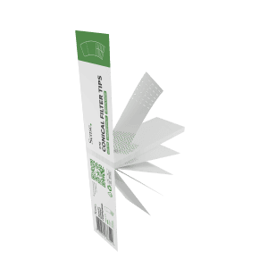 Koniske Filtre set fra Sense med filter tips i grøn og hvid emballage.