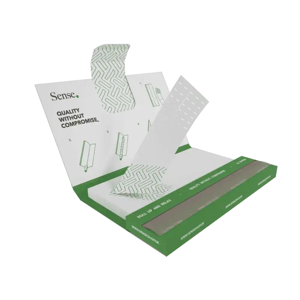King Size Slim combo booklet set fra Sense med rullepapir og filter tips i grøn og hvid emballage.