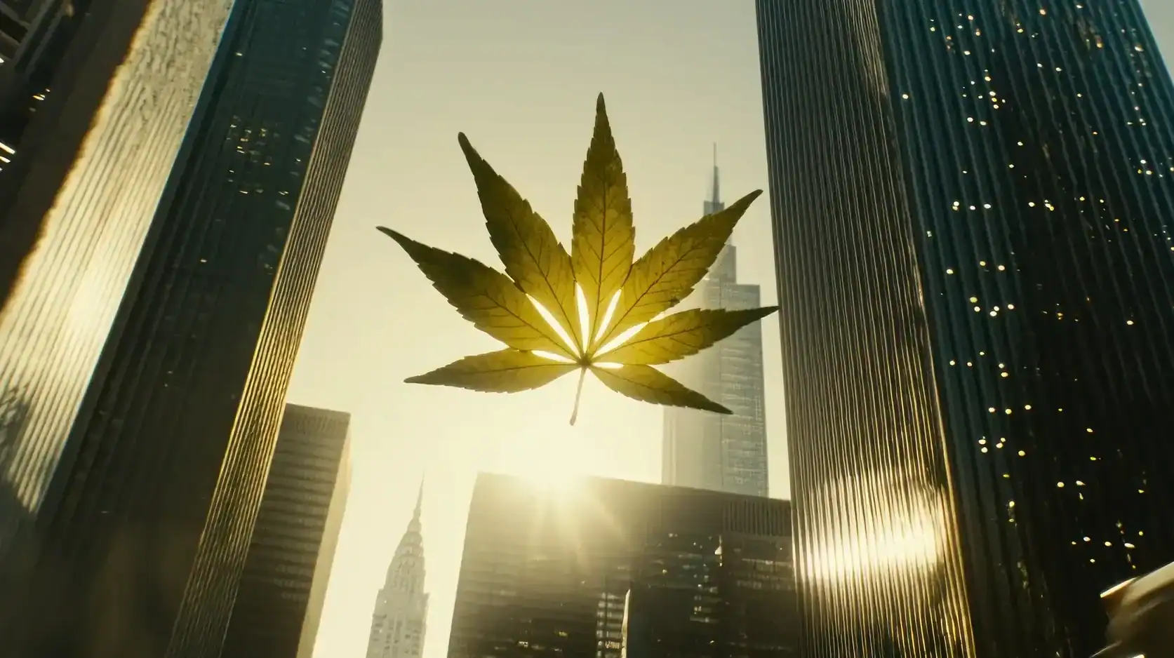 Cannabisblad foran skyline med høje bygninger og gyldent lys, skabt med en urban stemning af New York Diesel.
