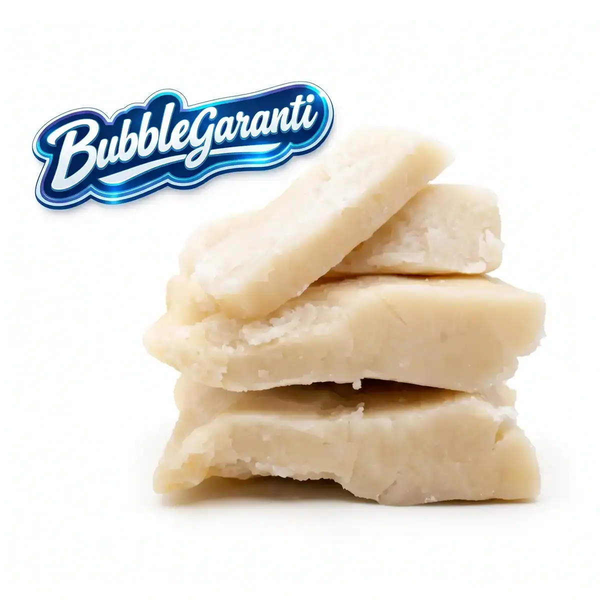 Piatella THCa hash i lyse, bløde lag stablet på hvid baggrund med BubbleGaranti-logo i toppen.