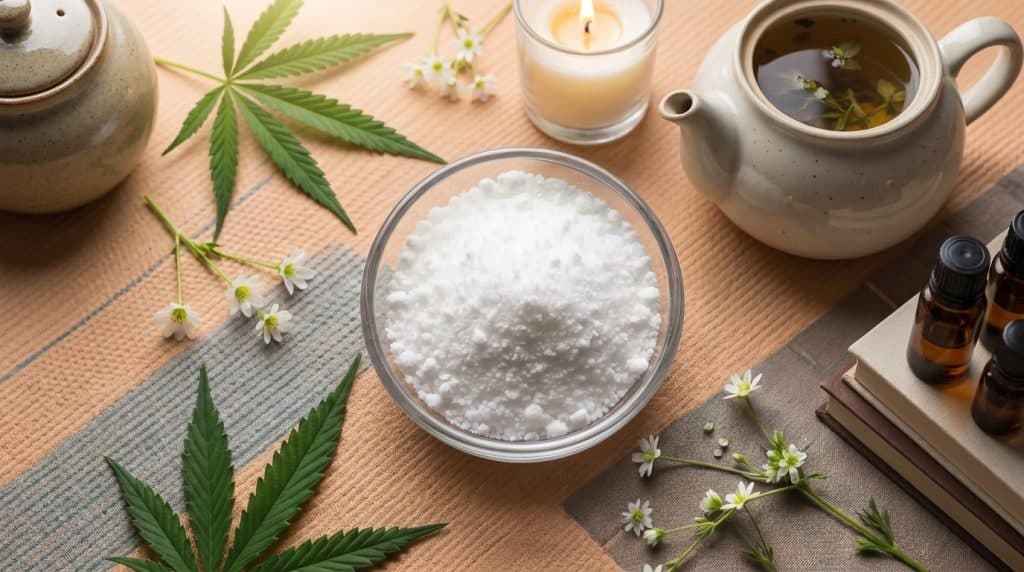 CBD isolat i glasskål med hvid krystalagtig struktur, omgivet af hampblade, urte-te, lys og små blomster i rolig wellness-stemning.