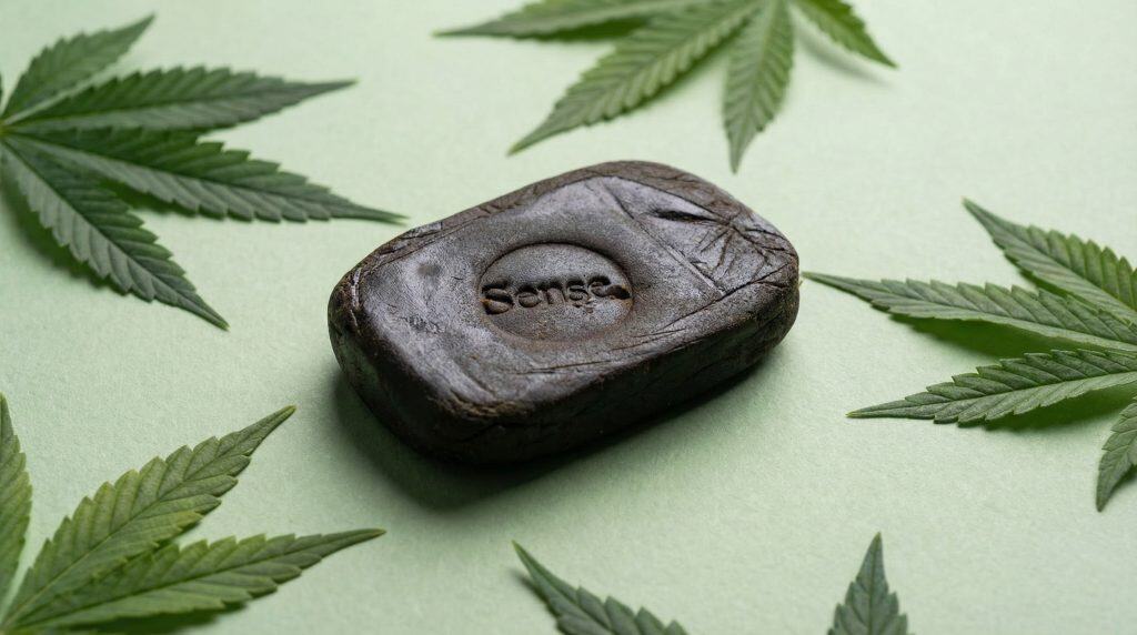 Velvet Cream THCa hash i mørk, presset blok med Sense-præg, omgivet af grønne hampblade på lys grøn baggrund.
