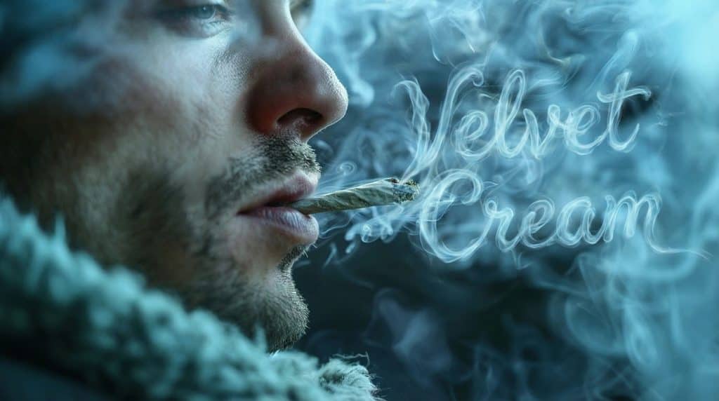 Velvet Cream pre-roll i close-up med blålig røg og navnet skrevet i røgen på mørk, stemningsfuld baggrund.