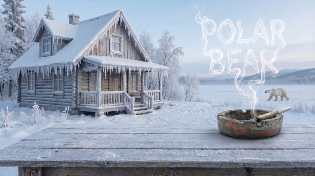 Polar Bear med vinterlandskab, snedækket træhytte og isblå stemning, mens navnet ses i røg over et askebæger med pre-roll.