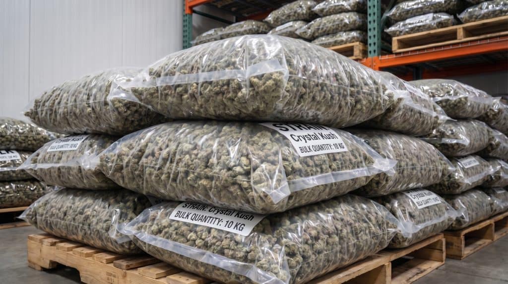 Crystal Kush bulk i store vakuumforseglede poser stablet på paller i lager, klar til engrosopbevaring og distribution.