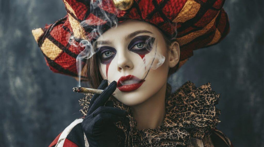 Harlequin inspireret portræt med dramatisk makeup, farverig narrehat og rygende joint på mørk, kunstnerisk baggrund.