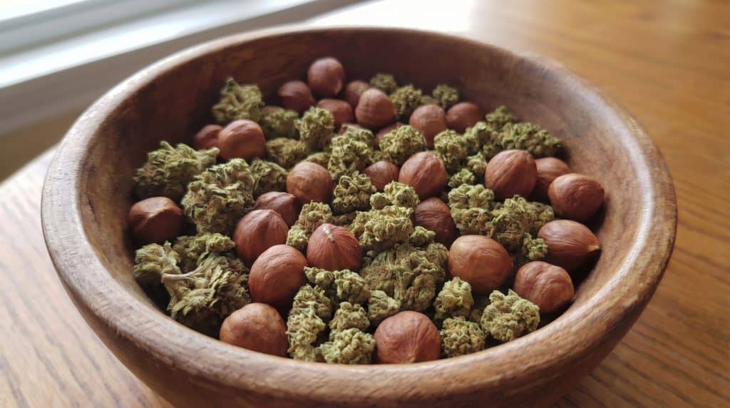 Hazelnut topskud og hele hasselnødder samlet i en rustik træskål ved vindue, som fremhæver strainens nøddeagtige og varme profil.