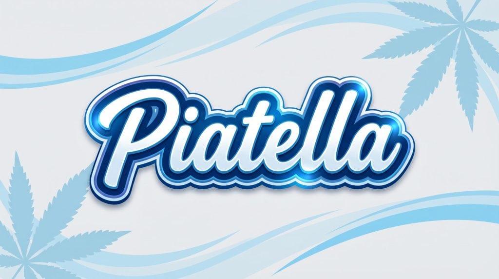 Piatella logo i blå og hvid typografi på lys baggrund med bølgende linjer og diskrete hampblade i hjørnerne.