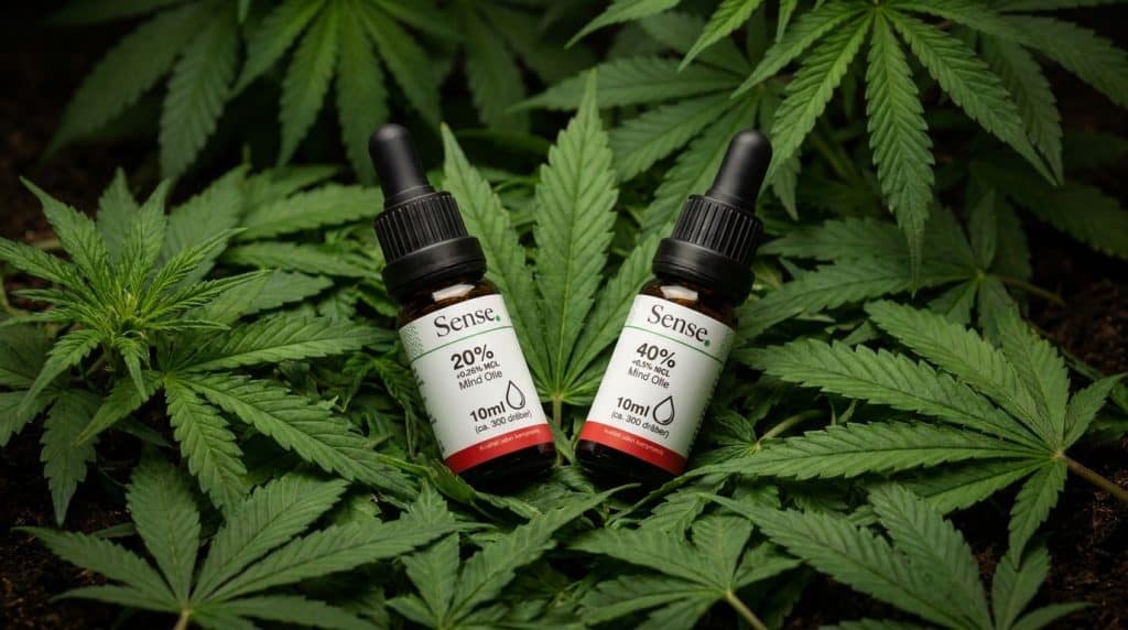 Sense THCa olie i 20 % og 40 % variant vist i dråbeflasker omgivet af grønne hampblade i naturligt plantemiljø.