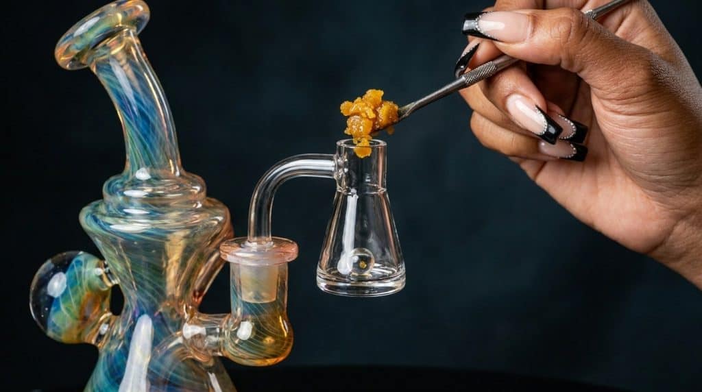 THCa resin doseres med dab-værktøj ned i glasrig, vist i close-up med gylden, klistret ekstrakt og mørk baggrund.