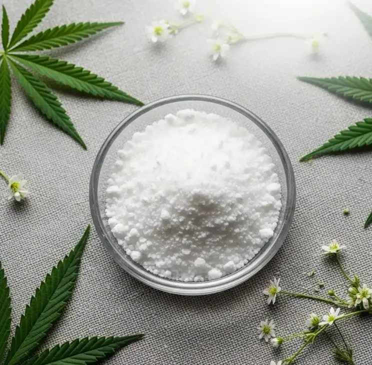 THCa isolat i hvid pulverform i en glasskål, omgivet af grønne hampblade og små hvide blomster på lys baggrund.