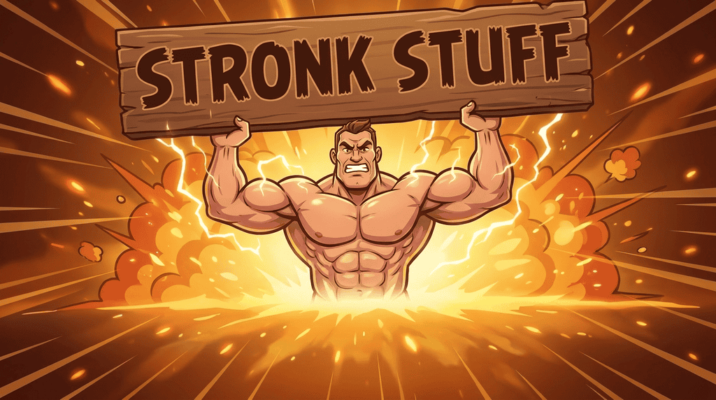 Illustration af muskuløs figur, der løfter et skilt med teksten Stronk Stuff, omgivet af orange eksplosioner og energi.
